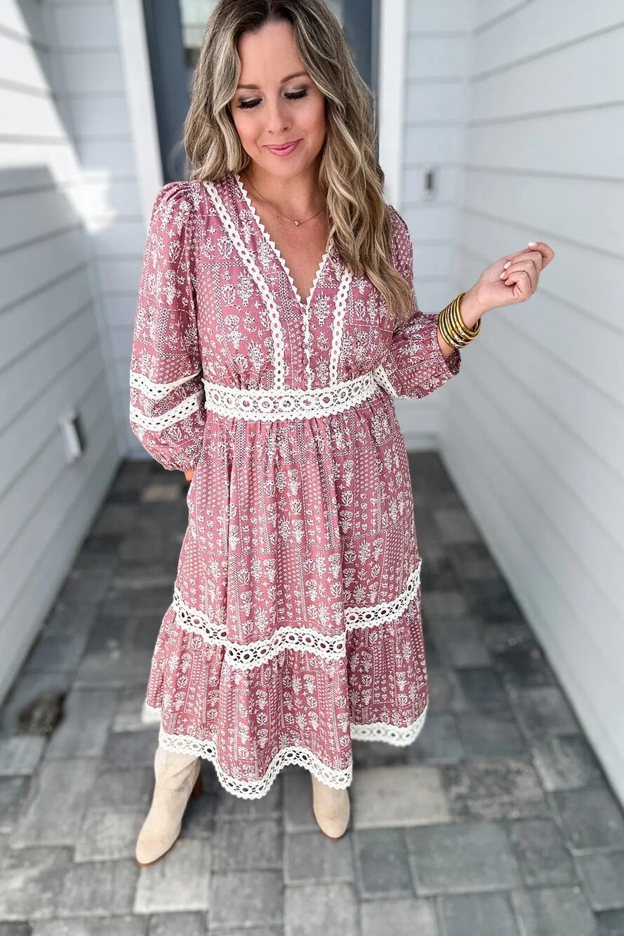 NEW Entro Floral Lace Dress Red V Neck Tiered A Line Long Sleeve Boho Size M